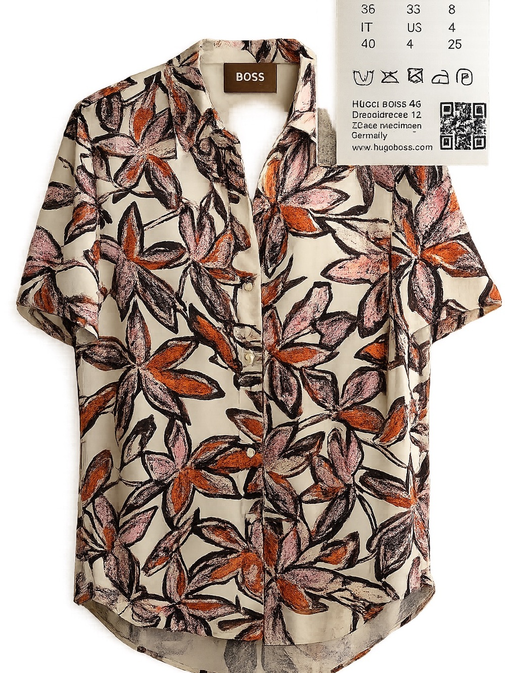 BOSS Cream Short Sleeve Floral Button-Down Shirt with Orange and Pink Accents
